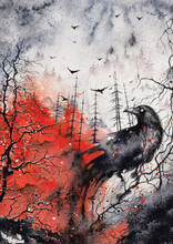Black Raven Sitting On A Tree Near The Forest In Fire. Save The Nature Concept. Horror Red And Black Watercolor Art