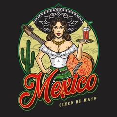 Wall Mural - Attractive Mexican waitress vintage badge