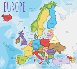 Wall Mural - Political Europe Map vector illustration with different colors for each country. Editable and clearly labeled layers.