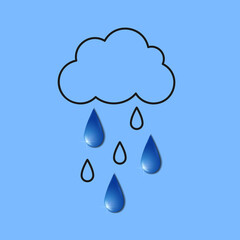 Wall Mural - Rainy day flat illustration. Black line drawing of cloud and rain with realistic glossy water drops on blue background. Best for seamless patterns, print, logo creating, mobile apps and web design.
