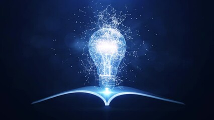 Fototapete - Learning from books or textbooks and the Internet around the world has created new ideas. Slow-moving interconnected polygons surround a glowing electronic light bulb in the center and the book below.