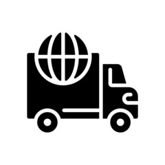 Poster - International delivery black glyph icon. Worldwide shipment. Import and export. Online shopping service. Silhouette symbol on white space. Solid pictogram. Vector isolated illustration