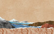 Zine collage landscape paper art Surreal collage composition made of torn pieces of linen, craft paper, carton, torchon. Seascape with blue colored fragment of water, mountain and gravel in front. 