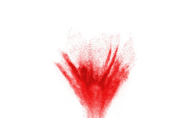 freeze motion of red color powder exploding on white background.