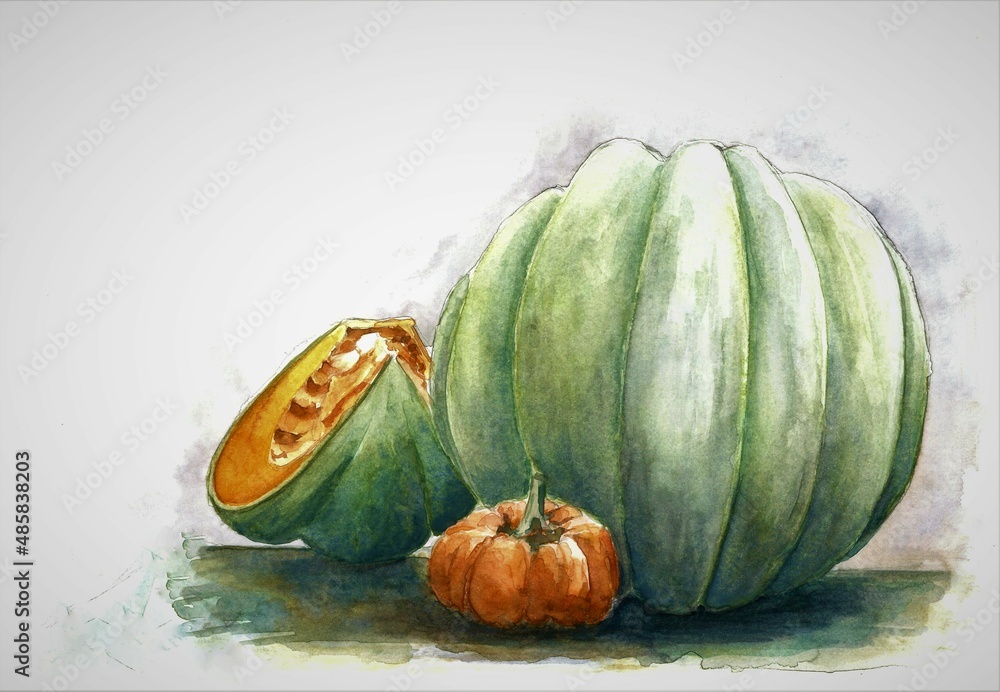 Pumpkins on the table. Pumpkins. Green and orange pumpkin painting ...