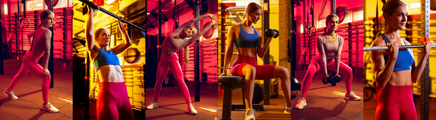 Collage of portraits of young sportive girl training, doing exercises in the gym