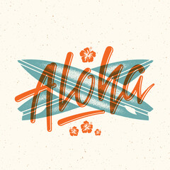 Wall Mural - aloha beach lettering. havaiian summer tropical sign, label, vintage card template with shabby textu