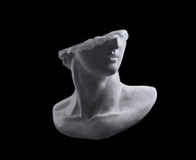 3D Rendering Illustration Of A Broken Marble Fragment Of Head Sculpture In Classical Style In Monochromatic Grey Tones Isolated On Black Background. 