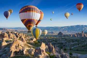 Colorful hot air balloons fly in blue sky over amazing rocky valley in Cappadocia, Turkey.