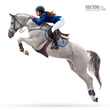 Jockey On Horse. White Horse. Champion. Horse Riding. Equestrian Sport. Jockey Riding Jumping Horse. Poster. Sport Background. Isolated Vector Illustration