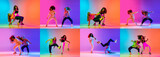 Two young girls, dancing contemporary dance on gradient pink purple background in neon. Collage