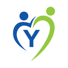 Wall Mural - Community Care Logo On Letter Y Vector Template. Teamwork, Heart, People, Family Care, Love Logos. Charity Foundation Creative Charity Donation Sign With Y Letter