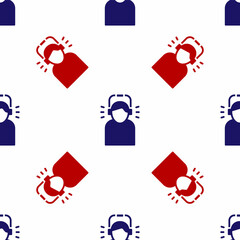 Sticker - Blue and red Man in headphones icon isolated seamless pattern on white background. Vector