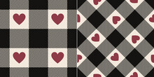 Plaid Pattern Print For Valentines Day With Hearts In Black, Red Pink, Off White. Seamless Large Buffalo Check Tartan Set For Spring Autumn Winter Flannel Shirt, Duvet Cover, Other Textile Design.