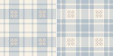 Christmas Check Plaid Pattern In Soft Cashmere Blue And Beige. Seamless Herringbone Fair Isle Tartan Set With Snowflake Motif For Scarf, Flannel Shirt, Blanket, Duvet, Other Holiday Fabric Design.