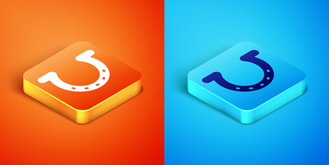 Wall Mural - Isometric Horseshoe icon isolated on orange and blue background. Vector