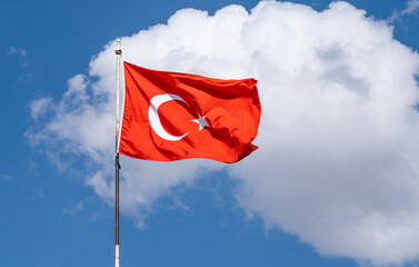 Turkish flag on pole waving on clear sky background