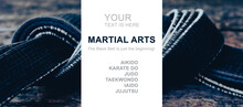 Sports Horizontal Banner. Black Belt For Martial Arts In Retro Style With Place For Text. 