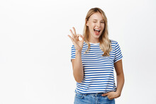 Perfect, Very Good. Smiling Attractive Young Woman Showing Okay, Ok Gesture And Looking Satisfied, Recommending Great Product, Praise Or Approve Smth, White Background