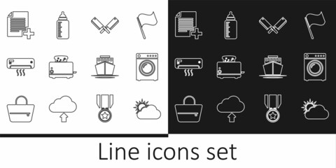 Poster - Set line Sun and cloud weather, Washer, Crossed meat chopper, Toaster with toasts, Air conditioner, Add new file, Ship and Baby bottle icon. Vector