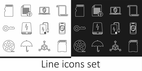 Poster - Set line SD card, Smartphone with shield, Laptop, Power bank, Key, Micro memory, and Upload file icon. Vector