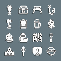 Poster - Set line Camping hat, Marshmallow on stick, Campfire, Picnic table with benches, Hiking backpack, Road traffic signpost, Chicken leg and Thermos container icon. Vector