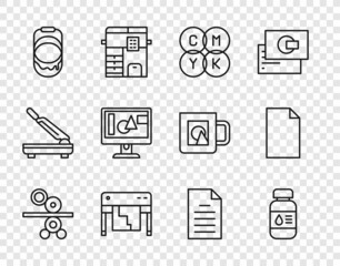 Sticker - Set line Paper roll of printing press, Printer ink bottle, CMYK color mixing, Plotter, Paint bucket, Computer monitor screen, File document and Empty icon. Vector