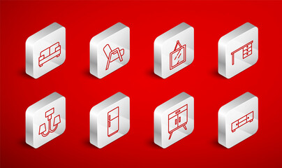 Sticker - Set line Chest of drawers, Armchair, Mirror, Office desk, Sofa, Refrigerator and Chandelier icon. Vector