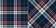 Plaid pattern print in navy blue, red, white. Seamless dark bright tartan check vector illustration for flannel shirt, blanket, throw, other modern spring summer autumn winter fashion textile design.