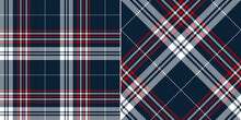 Plaid Pattern Print In Navy Blue, Red, White. Seamless Dark Bright Tartan Check Vector Illustration For Flannel Shirt, Blanket, Throw, Other Modern Spring Summer Autumn Winter Fashion Textile Design.