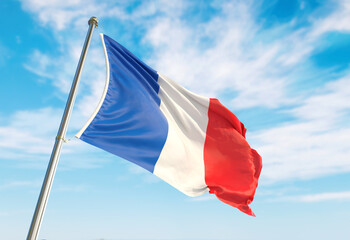 3d rendering France flag waving in the wind on flagpole. Perspective wiev France flag waving a blue cloudy sky