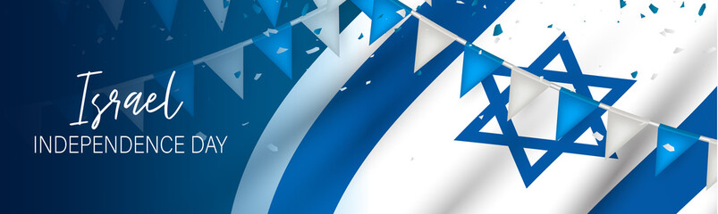 Wall Mural - Israel Independence Day banner or site header. National holiday design template. Israeli symbolics background with blue and white flag and bunting. Vector illustration.