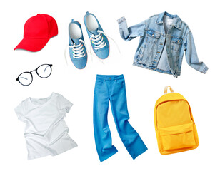 Wall Mural - Casual teenager clothes set isolated on white, school girl clothing. Sport wear.