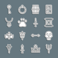 Sticker - Set line Neptune Trident, Skull, Decree, parchment, scroll, Gun powder barrel, Bear paw footprint, Necklace amulet, Old key and Dagger icon. Vector