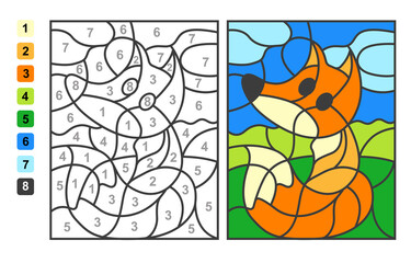 Wall Mural - Simple level vector coloring wild wild animal fox, color by numbers. Puzzle game for children education