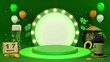 Happy St. Patrick's Day greeting Podium, beer glass and green hat on bright green background. 3d Rendering