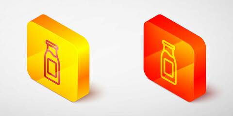 Wall Mural - Isometric line Closed glass bottle with milk icon isolated on grey background. Yellow and orange square button. Vector