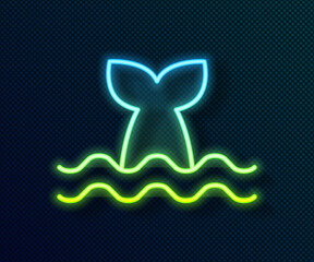 Sticker - Glowing neon line Whale tail in ocean wave icon isolated on black background. Vector