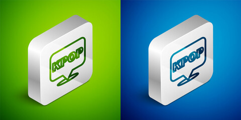 Sticker - Isometric line K-pop icon isolated on green and blue background. Korean popular music style. Silver square button. Vector