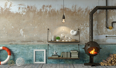 Wall Mural - Creative interior lighthouse loft with a fireplace from a sea mine