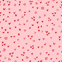 Wall Mural - Cute little hearts with dots seamless repeat pattern. Romantic, doodled love signs and spots all over surface print on pink background.