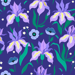 Wall Mural - Seamless pattern with iris and ranunculus flowers. Vector graphics.