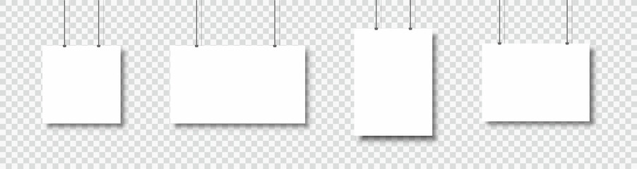 Template of white blank vector posters. Set of mockups hanging on the wall. Frame for paper sheet. Isolated on tansparent background. Vector illustration