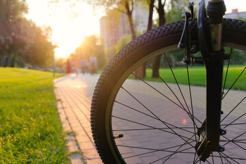 Close-up of the front wheel of a bicycle in a city park on a sunny day at sunset. Sport lifestyle concept