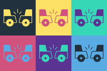 Pop Art Car Accident Icon Isolated On Color Background. Auto Accident Involving Two Cars. Vector