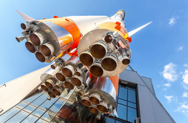 Wall Mural - space rocket engines of the russian space launch vehicle over blue sky
