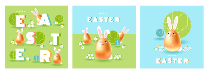 Wall Mural - Happy Easter greeting cards set, vector flyer, social media post, banner, egg hunting poster. Cute sweet cartoon bunnies, shaped as golden eggs at spring garden, park landscape. Big colorful letters