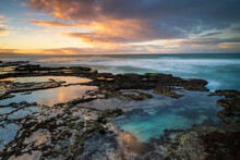 View Of De Hoop Nature Reserve Beautiful Rocky Coastline At Sunrise, Western Cape, South Africa.