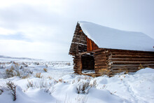 Wild West Ghost Town Ruins, Wooden Barn, Falling In, Covered In Winter Snow, Against The Wyoming Landscape, With White Negative Space