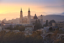 A View Of A Church, San Francisco, With Hazy Sunset Light. California, USA.